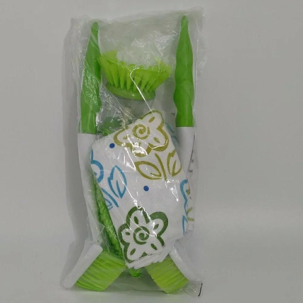 Green Kitchen Microfiber Cloth Set with Flowers Leaf Shaped Brush and Long Brush